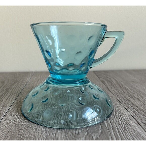 Vintage Dot Bubble Glass Tea Cup & Saucer Set Aqua Blue (Hazel Atlas Capri Dot?) - Picture 1 of 7